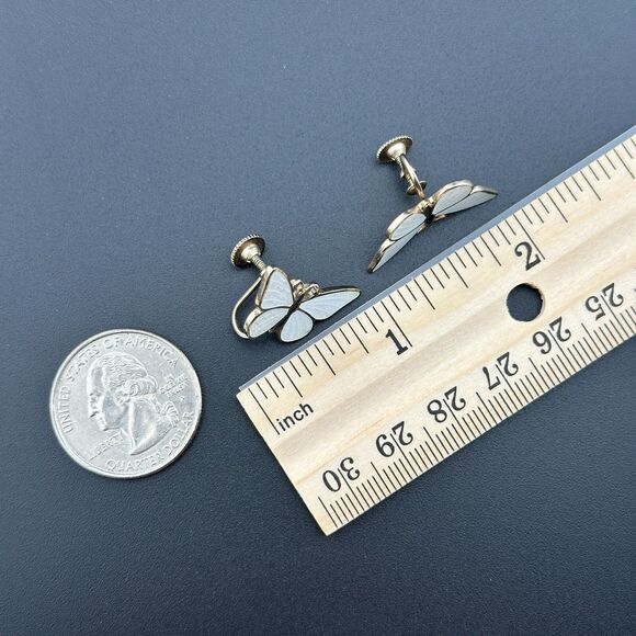 Vintage Silver-tone White Black Guilloche Enamel Butterfly Earrings Screw Back - Picture 4 of 10